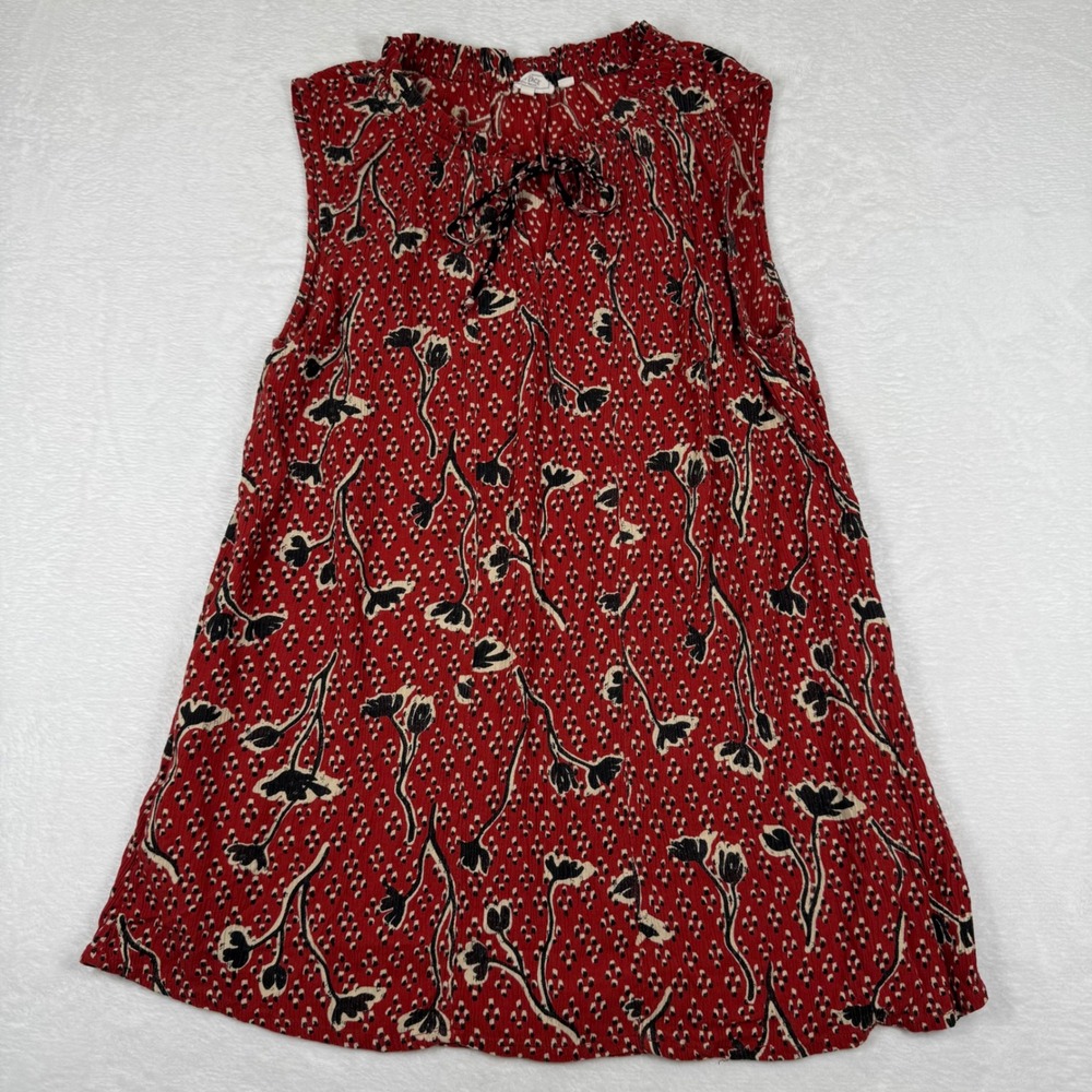 FatFace Womens Red Floral Sleeveless Tie Neck Crinkle Blouse Top Size 12 Pockets